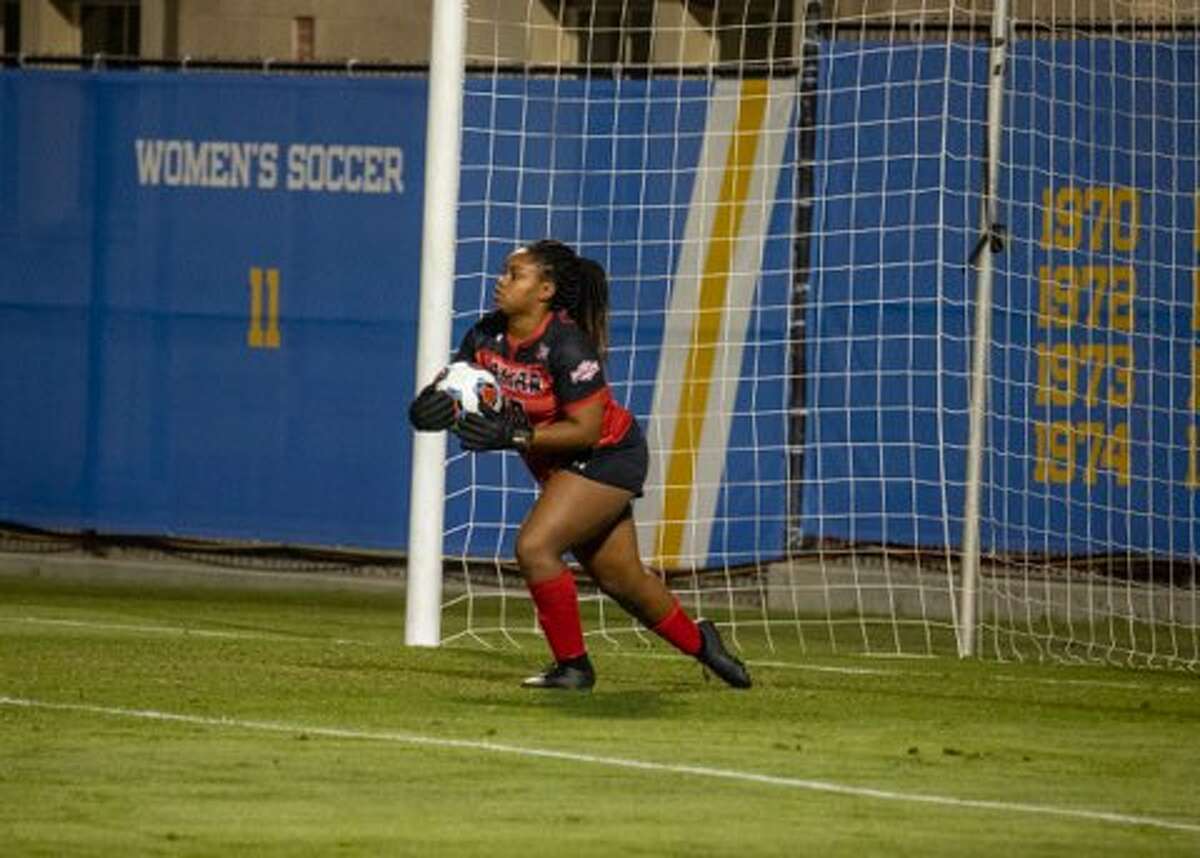 Lamar keeper Erin Branch brings the ball out of goal on Friday night as the Cardinals faced No.2 seed UCLA in the opening round of the NCAA Championships.