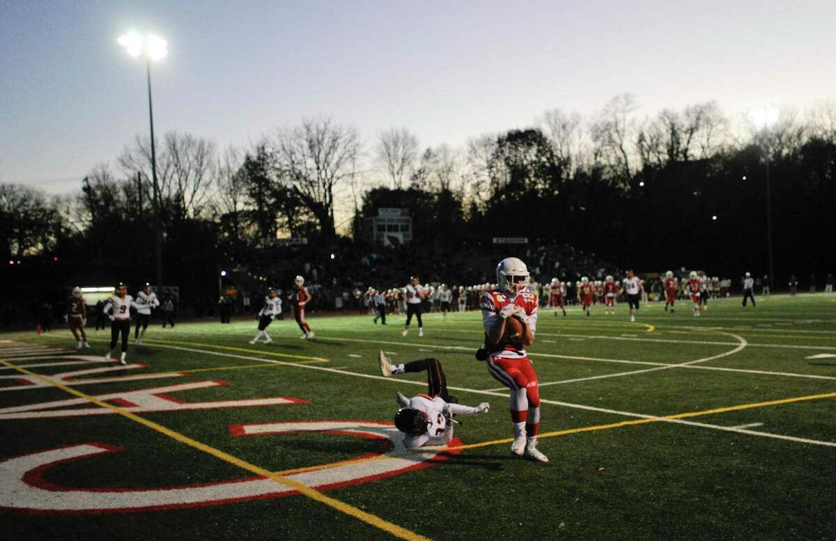 Greenwich's Matthew Pilc scores a second quarter touchdown against Ridgefield in a high school football game at Cardinal Stadium on Nov. 16, 2019 in Greenwich, Connecticut.