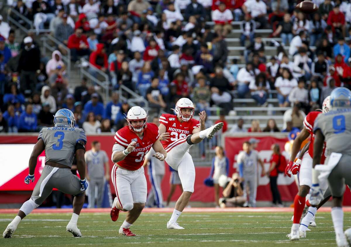 Houston Cougars punter Dane Roy (38) punts the ball against the Memphis Tigers during the second quarter of an NCAA game at TDECU Stadium Saturday, Nov. 16, 2019, in Houston. Memphis won 45-27.