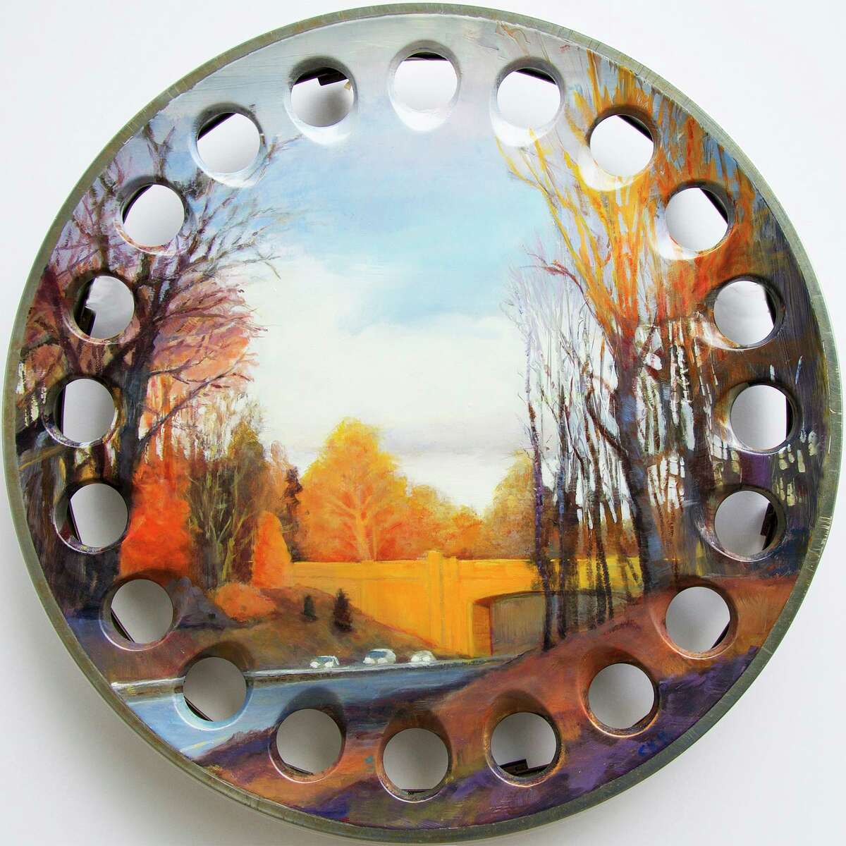The Travelers, an oil on stainless steel hubcap, by Cynthia Mullins.