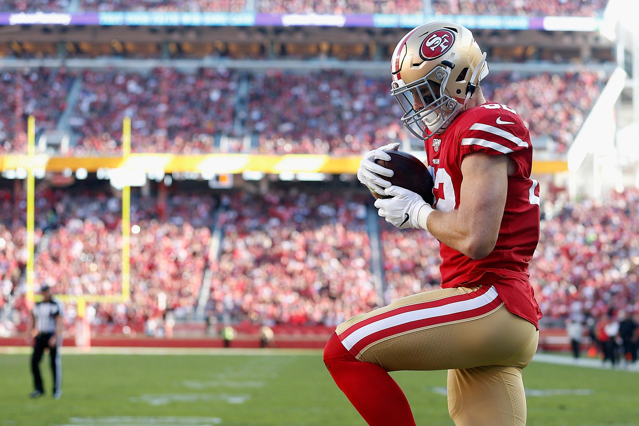 San Francisco 49ers tight end Ross Dwelley (82) during the first