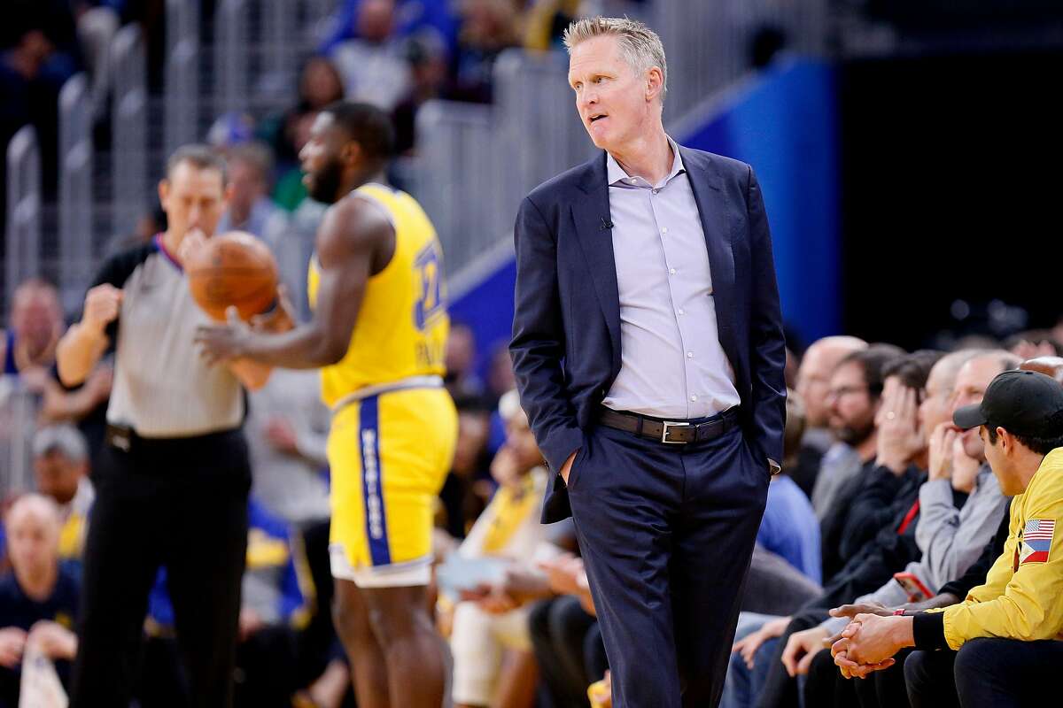 Golden State Warriors head coach Steve Kerr in the second period of an NBA game against the Boston Celtics at Chase Center on Friday, Nov. 15, 2019, in San Francisco, Calif.