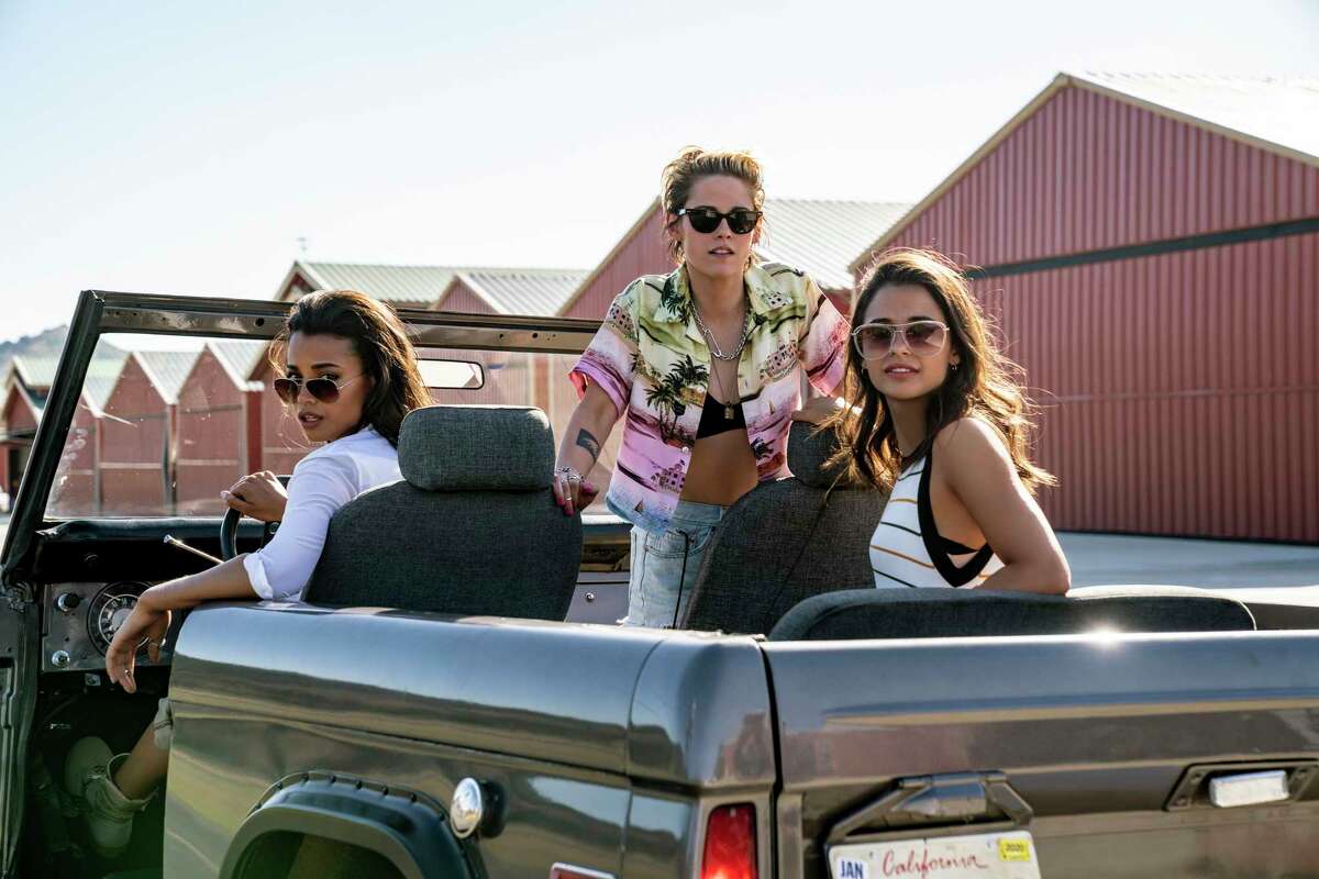 This image released by Sony Pictures shows, from left, Ella Balinska, Kristen Stewart and Naomi Scott in the film, "Charlie's Angels." (Merie Weismiller Wallace/Sony Pictures via AP)