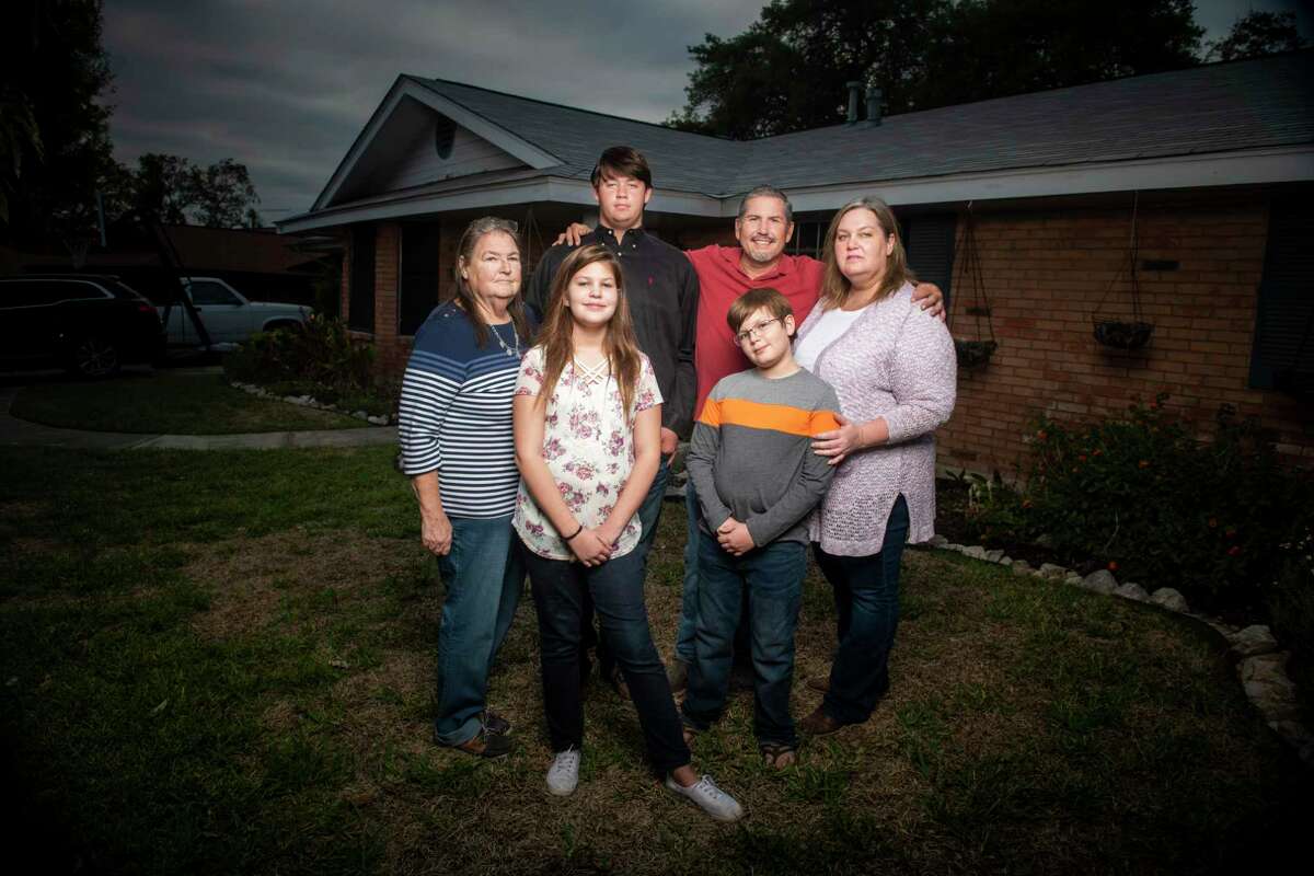 Sandi Allen’s blended family includes, from left, her mother Pat Allen, 71, daughter Ashley Lyon, 13, son Andrew Allen, 16, husband Rob Lyon, 48, son Quinn Lyon, 11, and Allen, 48. Andrew attends Port Aransas High School and, when not in school, splits his time between his mom’s home in Windcrest and his dad Matt McConnell who lives with his family in Bulverde.