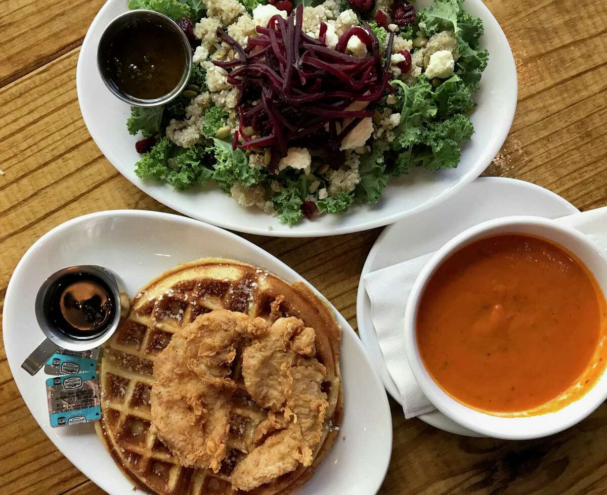 Chicken and waffle, kale salad and tomato soup from Earl Abel's