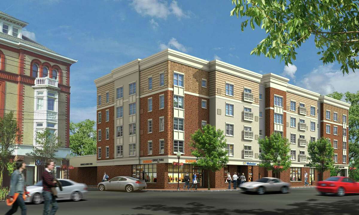 The rendering of a proposed development at 502 Howe Ave., the present home of Webster Bank.