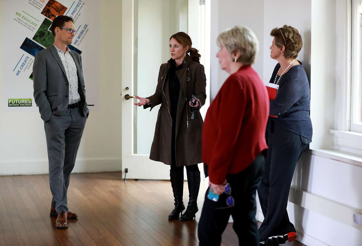 (From left to right) Jake Barton, museum architect, Rachael Smith Fals, senior vice president, Futures Without Violence, Esta Soler, president, Futures Without Violence, and Karen Breslau, Feature Well Stories, narrative strategist, provide The Chronicle with a tour of the Futures Without Violence space, located at 100 Montgomery St., in Presidio, in San Francisco, Calif., on Wednesday, October 16, 2019. A new museum is coming to museum-loving San Francisco, that will focus on domestic violence. The Courage Museum will be a new addition to the Presidio.