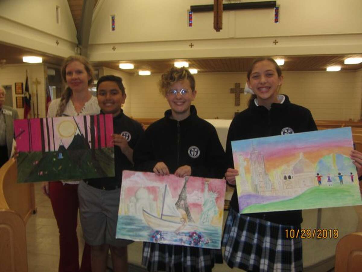 Trinity School winners are Shiv Patel, third place, from left, Modesta Welborn, first, and Brooklyn Pearson. Their art teacher is Amanda Lunson, far left,