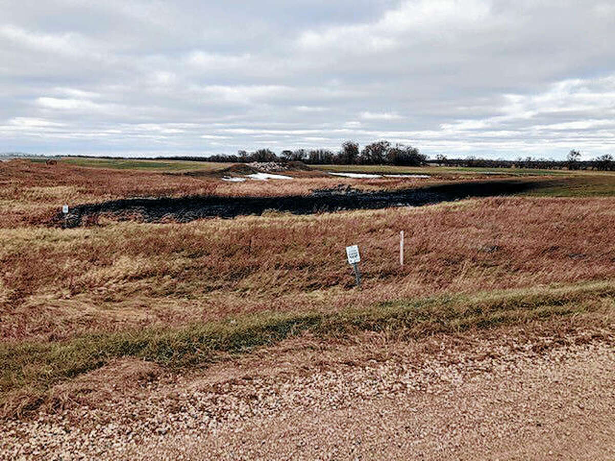 An Oct. 30 photo from the North Dakota Department of Environmental Quality shows affected land from a Keystone oil pipeline leak near Edinburg, North Dakota. The leak reported on Oct. 29 now is estimated by state regulators to have affected about 209,100 square feet of land near Edinburg. State regulators had said the leak affected about 22,500 square feet of land.