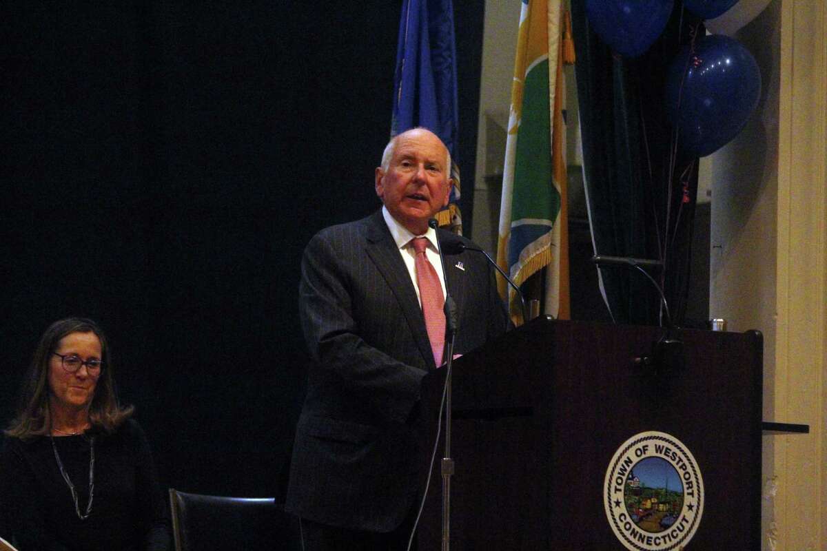 First Selectman Jim Marpe addresses a crowd at Westport Town Hall in November.