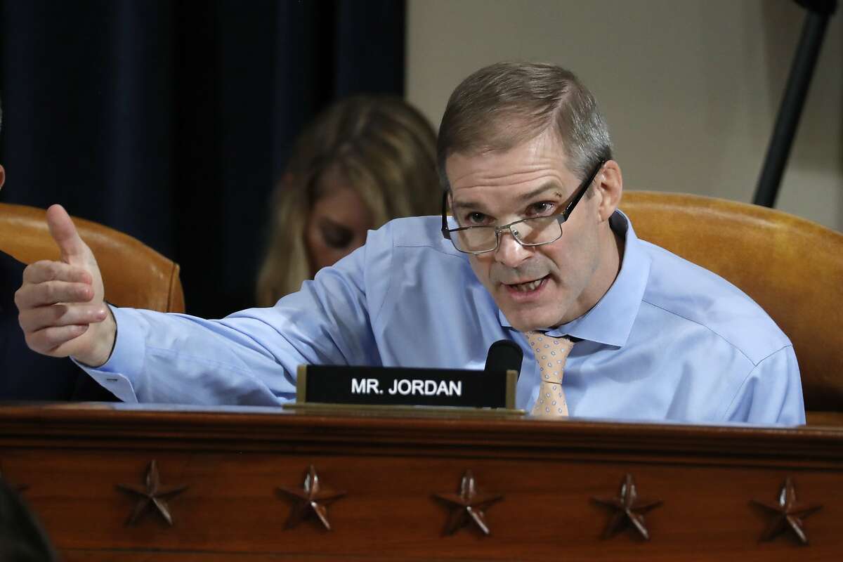 Rep. Jim Jordan, R-Ohio, questions Jennifer Williams, an aide to Vice President Mike Pence, and National Security Council aide Lt. Col. Alexander Vindman, as they testify before the House Intelligence Committee on Capitol Hill in Washington, Nov. 19, 2019, during a public impeachment hearing of President Donald Trump's efforts to tie U.S. aid for Ukraine to investigations of his political opponents.