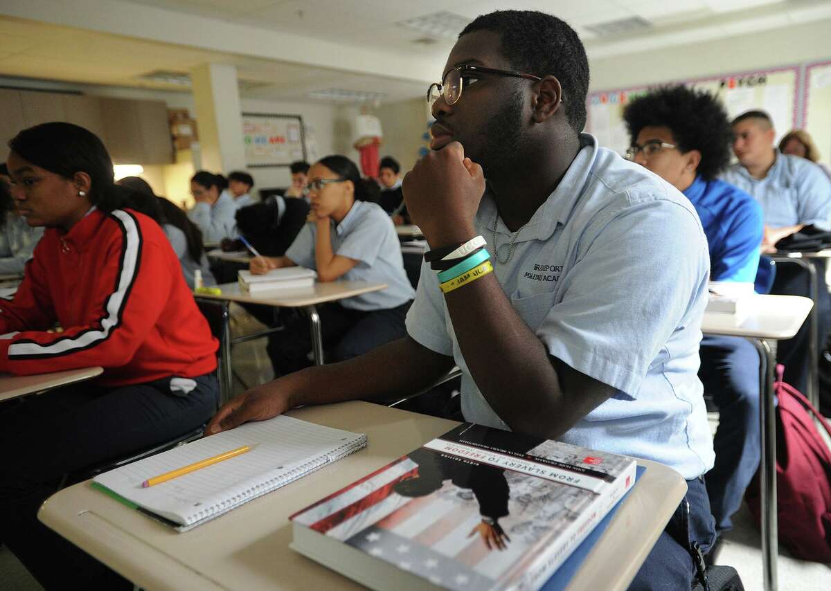 Jamiel Robinson listens during his African American Studies class at the Bridgeport Military Academy in Bridgeport, Conn. on Thursday, October 4, 2018.