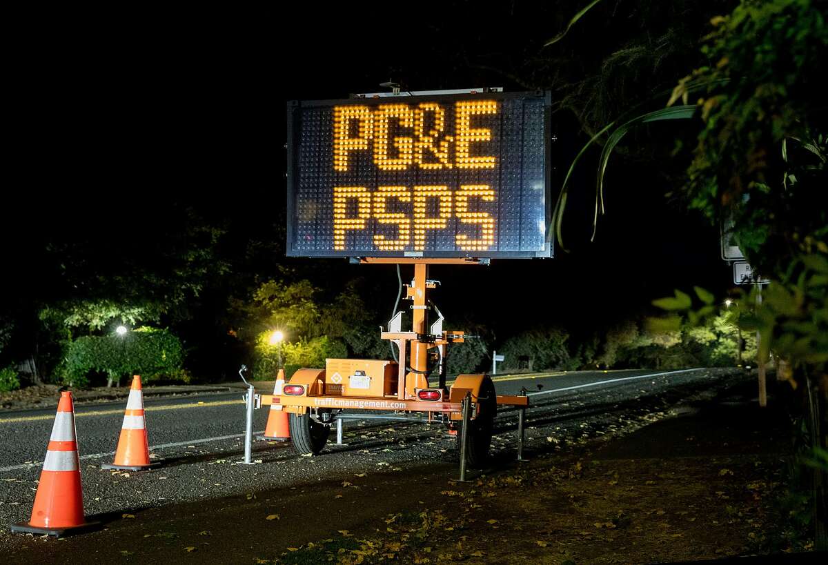 A large electronic sign warns residents to use caution while driving in Napa, Calif. Thursday, Oct. 10, 2019 due to a PG&E Public Safety Power Shutoffs across Northern California.