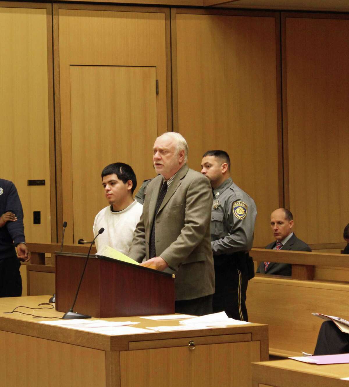 Jerry Diaz, 18, was arraigned at Stamford Supreme Court Nov. 19 with a number of charges including two counts of second-degree manslaughter. Diaz was the driver of the Nissan Altima that crashed into two utility poles in the South End on Aug. 26 that resulted in the deaths of two passengers.
