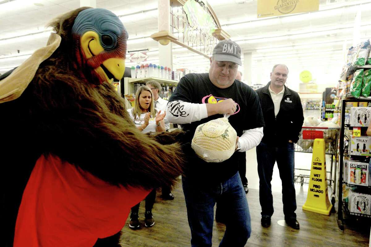Cumulus Radio's Jammer gets ready for his second attempt during the 2nd annual Celebrity Turkey Bowl Tuesday at the Market Basket on Phelan Road in Beaumont. Teams from various local media joined in the event, each bowling with turkeys to raise money for local charitable organizations. Photo taken Tuesday, November 19, 2019 Kim Brent/The Enterprise