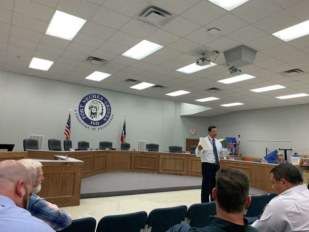 Port Neches-Groves ISD Superintendent Mike Gonzales addresses voters ahead of a 2019 bond issue. Photo taken Sept. 9, 2019.