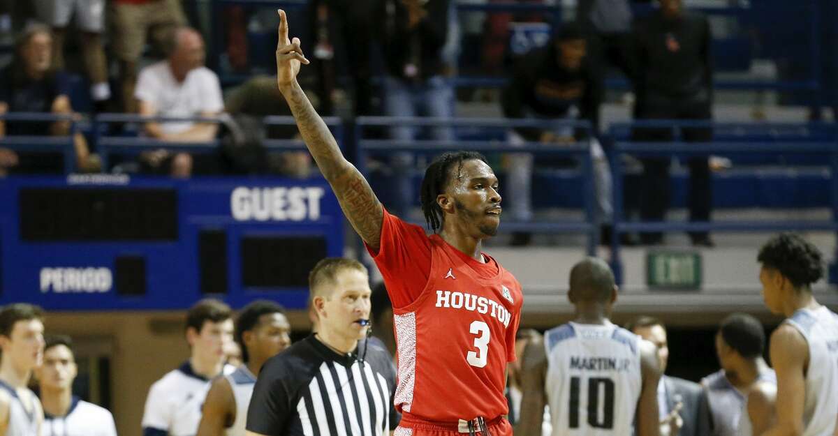 Houston Cougars guard DeJon Jarreau (3) reacts during the second half of the NCAA basketball game between the Rice Owls and the Houston Cougars at Tudor Fieldhouse in Houston, TX on Tuesday, November 19, 2019. The Cougars defeated the Owls 97-89.
