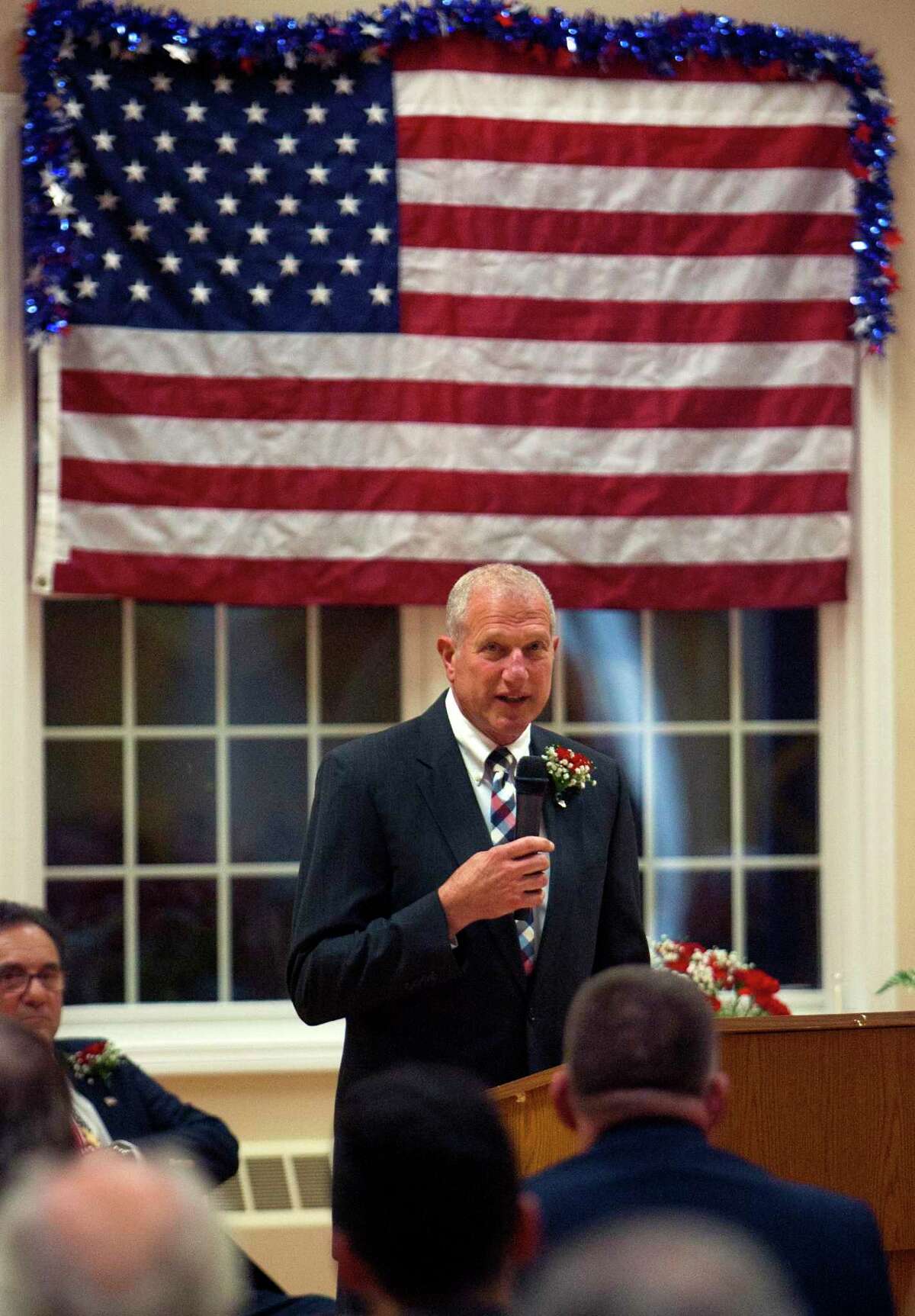 Shelton Mayor Mark A. Lauretti speaks after taking the oath of office to start his 15th term during an Inauguration Ceremony at the Shelton Senior Center in Shelton, Conn., on Tuesday Nov. 19, 2019.