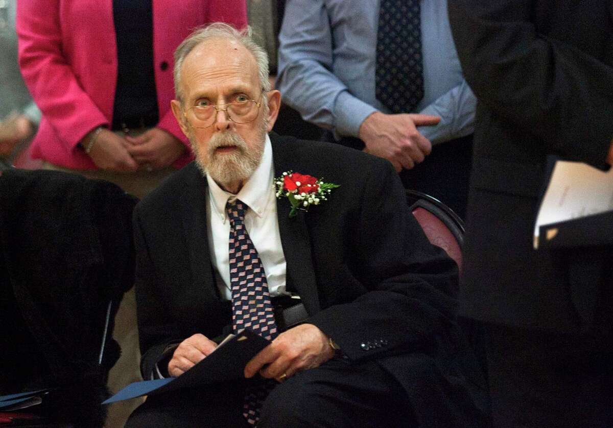 Alderman Stanley Kudej attends an Inauguration Ceremony for Shelton Mayor Mark A. Lauretti and other elected officials at the Shelton Senior Center in Shelton, Conn., on Tuesday Nov. 19, 2019. Lauretti took the oath of office to start his 15th term.