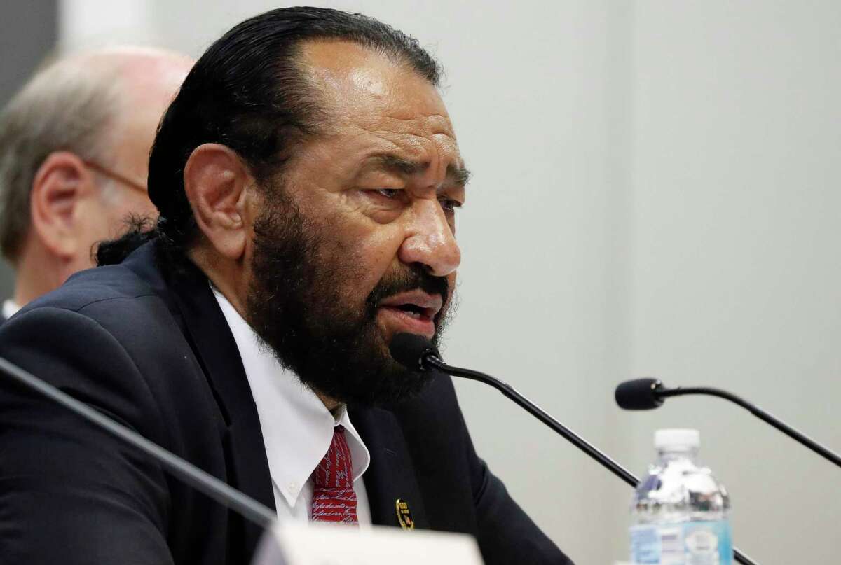 House Homeland Security Committee member U.S. Rep. Al Green, D-Tex., questions witnesses (unseen) on the effects of a Aug. 7, 2019 ICE raid in Mississippi which resulted in nearly 700 workers being arrested at seven chicken processing plants, during a field hearing at Tougaloo College, in Jackson, Miss., Thursday, Nov. 7, 2019. (AP Photo/Rogelio V. Solis)