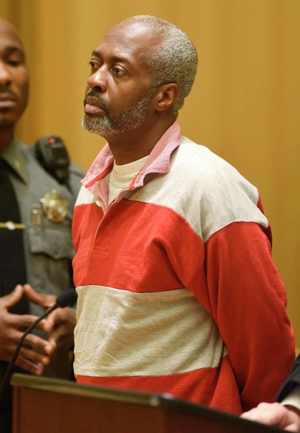 Stamford's Robert Simmons, 51, is arraigned on charges of murder, felony murder and home invasion at Connecticut Superior Court in Stamford, Conn. Wednesday, Nov. 20, 2019. Simmons allegedly murdered 93-year-old Isabella Mehner in her Stamford South End home on Sept. 25. According to the medical examiner, Mehner’s injuries were not consistent with a fall down the stairs, and Simmons was identified as a suspect in the homicide using DNA analysis to match a spot of blood found on his pants to Mehner.