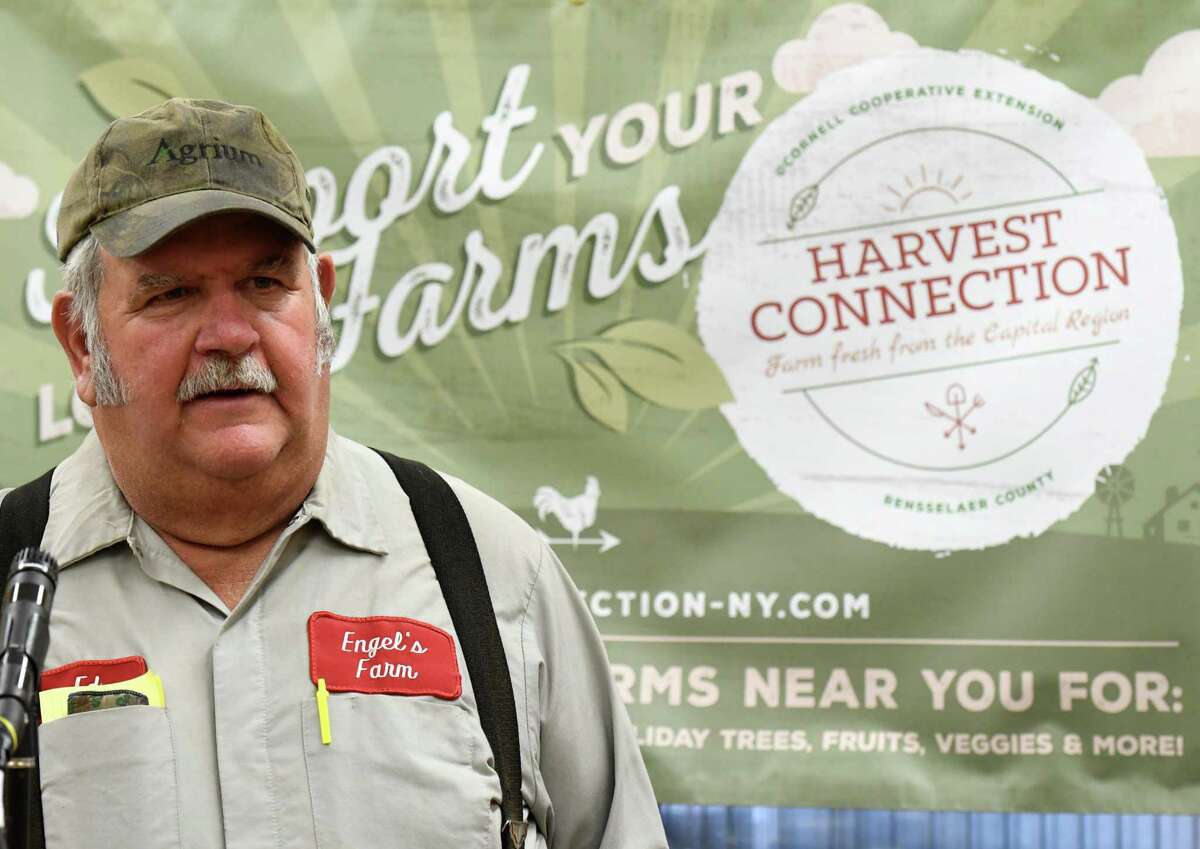 Farmer Ed Engle, Engel's Acres, speaks during the announcement of the new Harvest Connection app from the Cornell Cooperative Extension on Wednesday, Nov. 20, 2019, at Engel's Acres in Brunswick, N.Y. The app helps connect consumers with local farm stands and markets. (Will Waldron/Times Union)