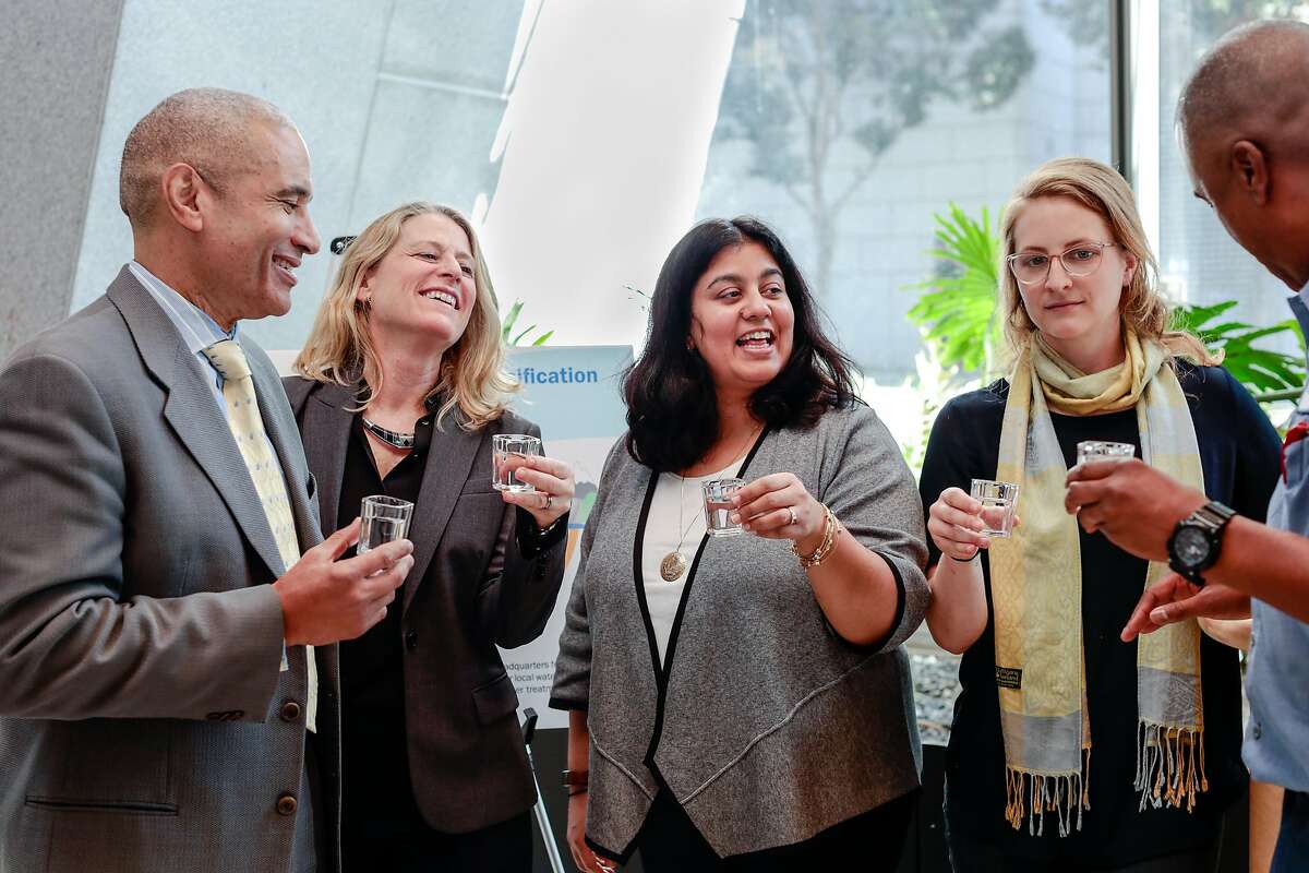 Harlan Kelly, General Manager at SFPUC (left), Paula Kehoe, Director of Water Resources, Manisha Kothari, Project Manager, Sarah Triolo, Water Planner, and Darrell Andrews, Chief Stationary Engineer, taste purified water at SFPUC Headquarters on Wednesday, Nov. 20, 2019, in San Francisco, CA