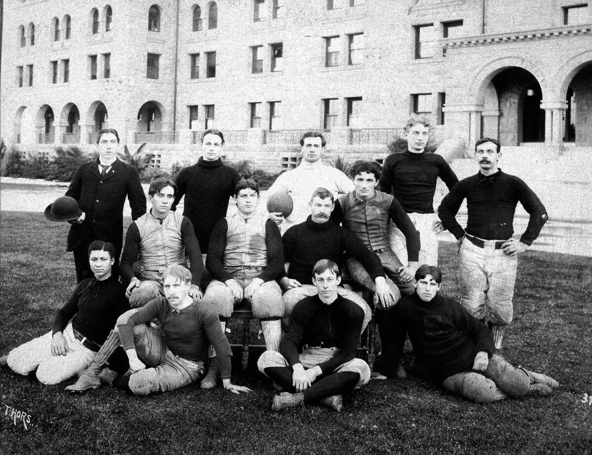 Stanford University football team members pose on the Stanford, Calif., campus in 1895. The first Big Game was held in San Francisco on March 19, 1892, and was won by Stanford over California 14-10.