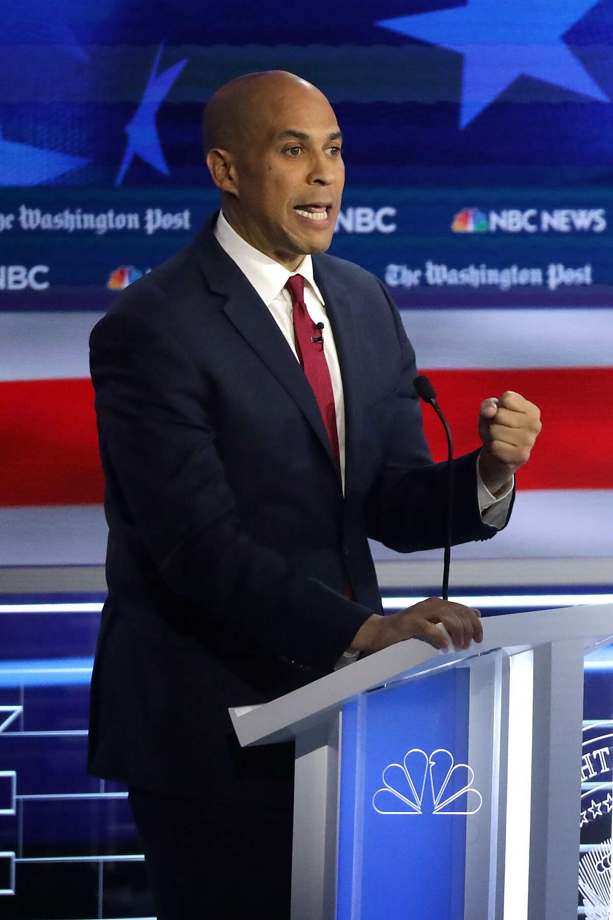 ATLANTA, GEORGIA - NOVEMBER 20: Democratic presidential candidate Sen. Cory Booker (D-NJ) speaks during the Democratic Presidential Debate at Tyler Perry Studios November 20, 2019 in Atlanta, Georgia. Ten Democratic presidential hopefuls were chosen from the larger field of candidates to participate in the debate hosted by MSNBC and The Washington Post. (Photo by Alex Wong/Getty Images)