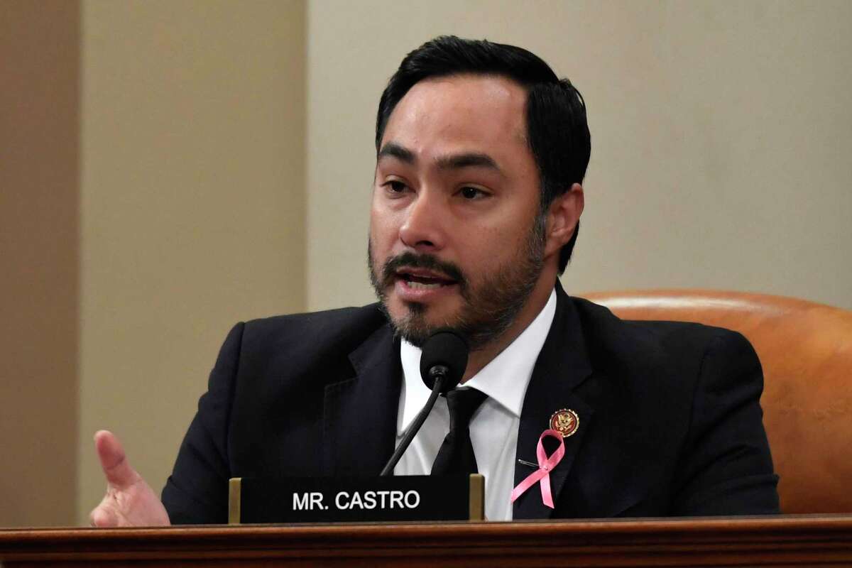 Rep. Joaquin Castro, D-Texas, questions Deputy Assistant Secretary of Defense Laura Cooper, and State Department official David Hale, as they testify before the House Intelligence Committee on Capitol Hill in Washington, Wednesday, Nov. 20, 2019, during a public impeachment hearing of President Donald Trump's efforts to tie U.S. aid for Ukraine to investigations of his political opponents. (AP Photo/Susan Walsh)