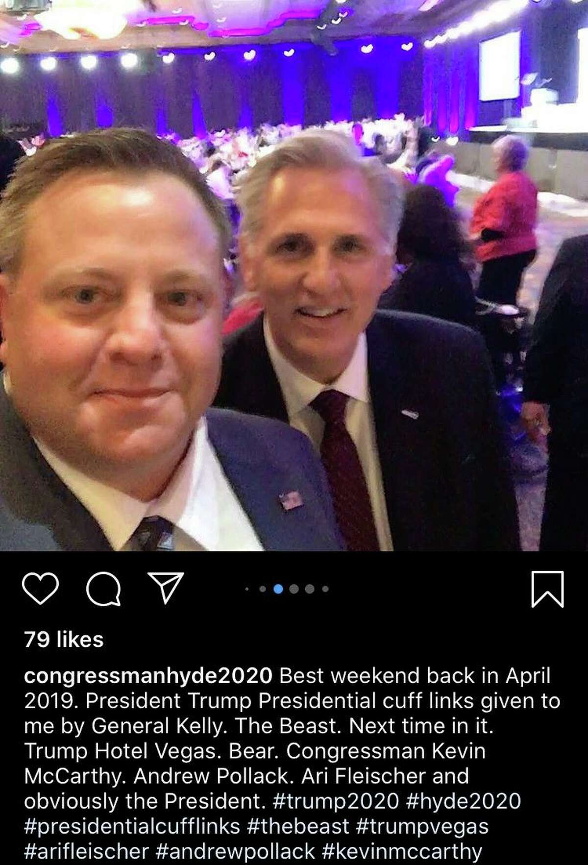 Robert Hyde (left), a Republican candidate for Congress in Connecticut's 5th District, takes a selfie with House Minority Leader Kevin McCarthy, R-Calif., at the Trump International Hotel Las Vegas in Las Vegas, Nevada in this photo Hyde posted on his Instagram.