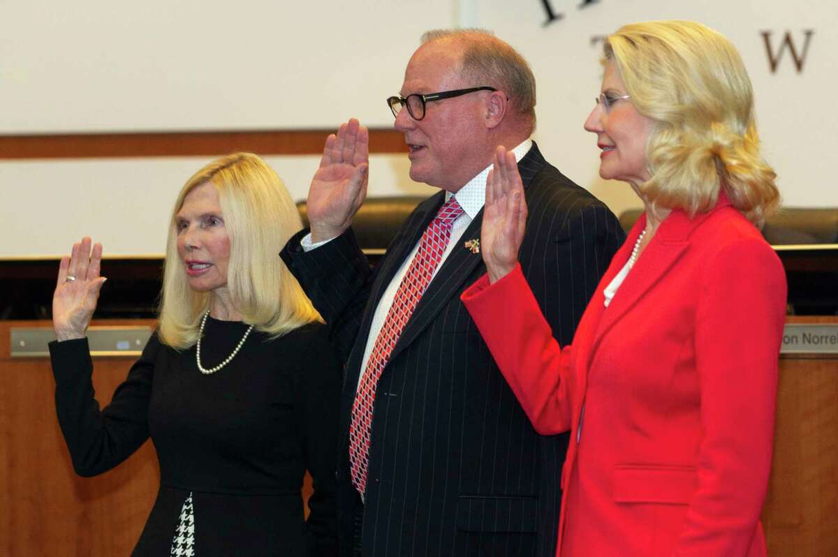 Ann Snyder, Bob Milner and Shelley Sekula-Gibbs are sworn in during a meeting of The Woodlands Township, Wednesday, Nov. 20, 2019, in The Woodlands.