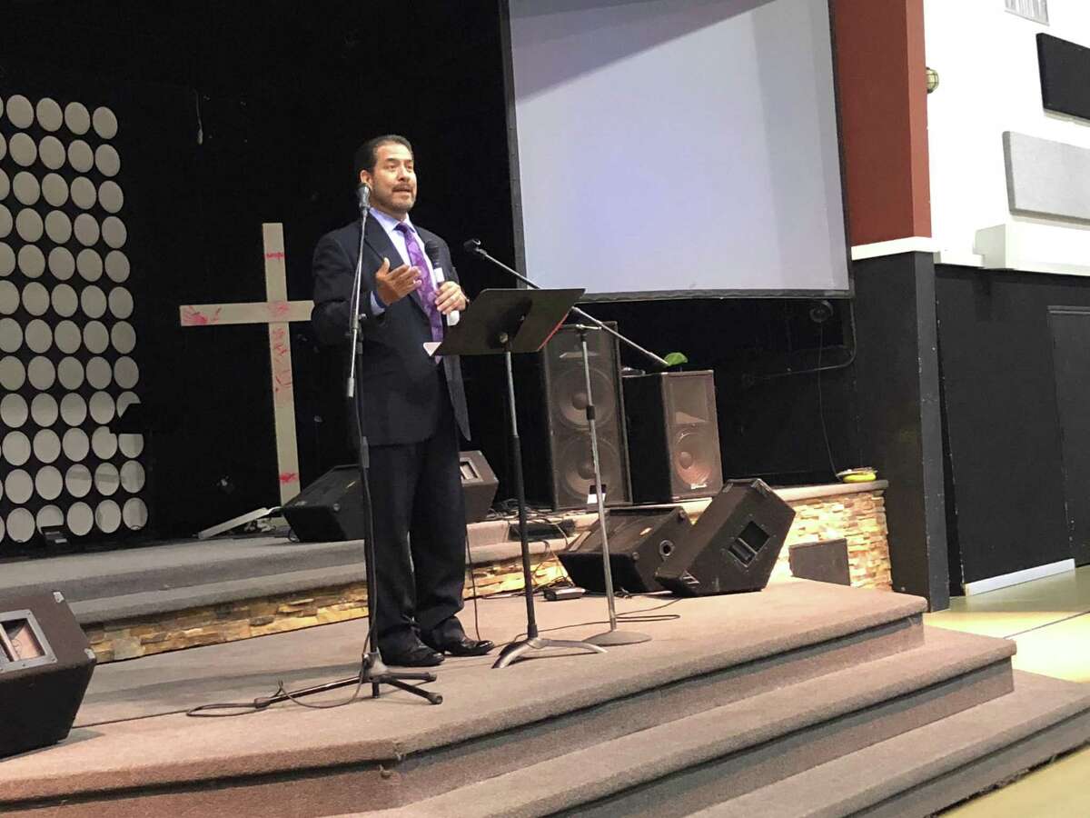 Harris County Precinct 2 Commissioner Adrian Garcia talks to the November meeting of the Crosby-Huffman Chamber of Commerce at Crosby Church on Nov. 21