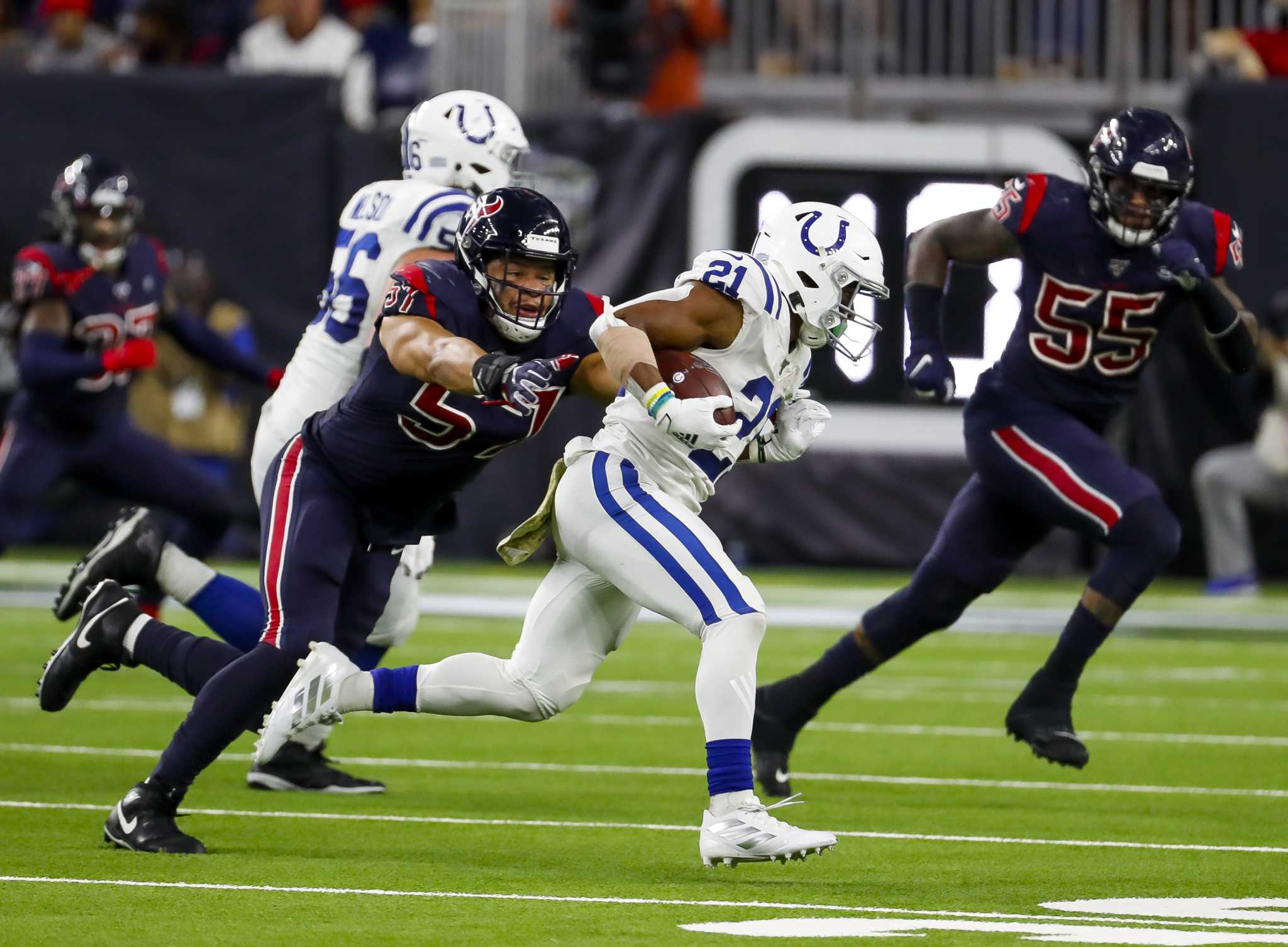 Houston, Texas, USA.October 10, 2021: Houston Texans wide receiver Chris  Conley (18) gestures after scoring on a 37-yard touchdown reception during  an NFL game between Houston and New England on October 10