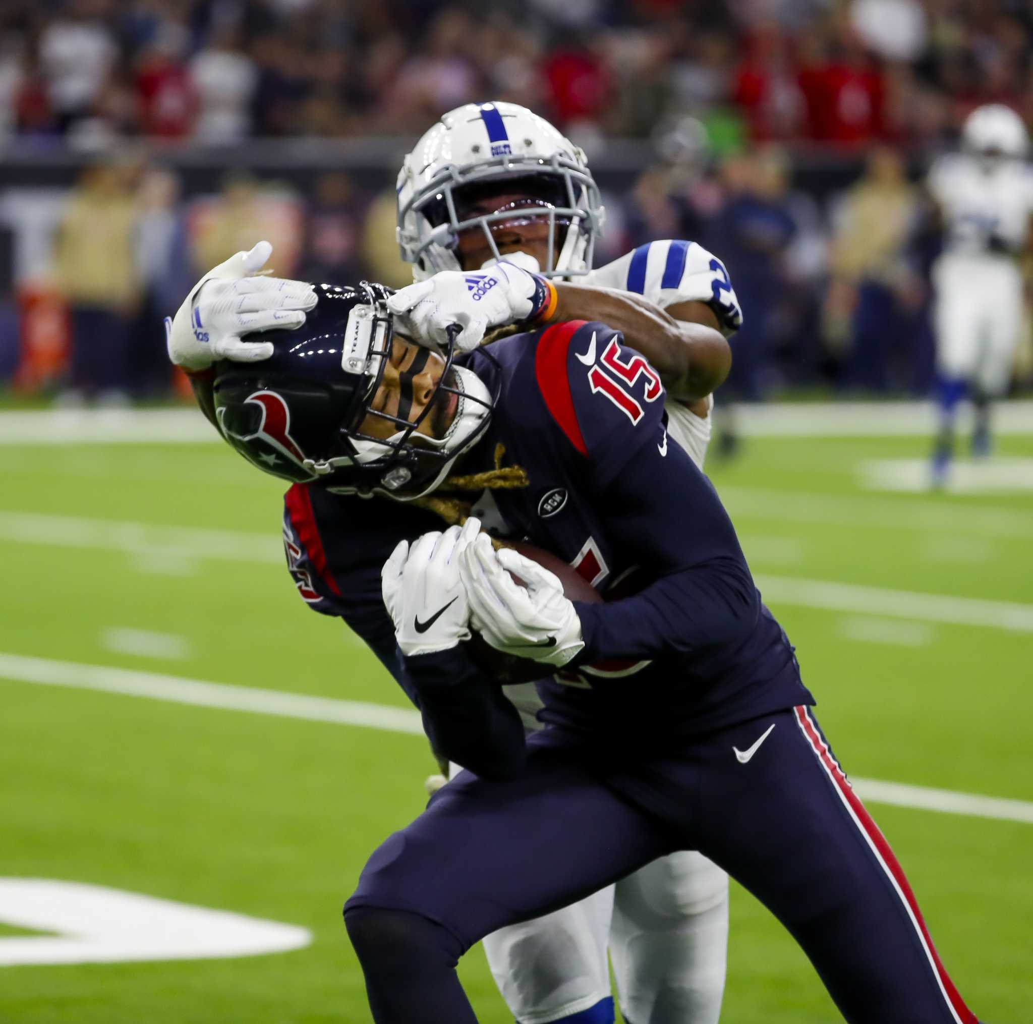 Houston, Texas, USA.October 10, 2021: Houston Texans wide receiver Chris  Conley (18) gestures after scoring on a 37-yard touchdown reception during  an NFL game between Houston and New England on October 10