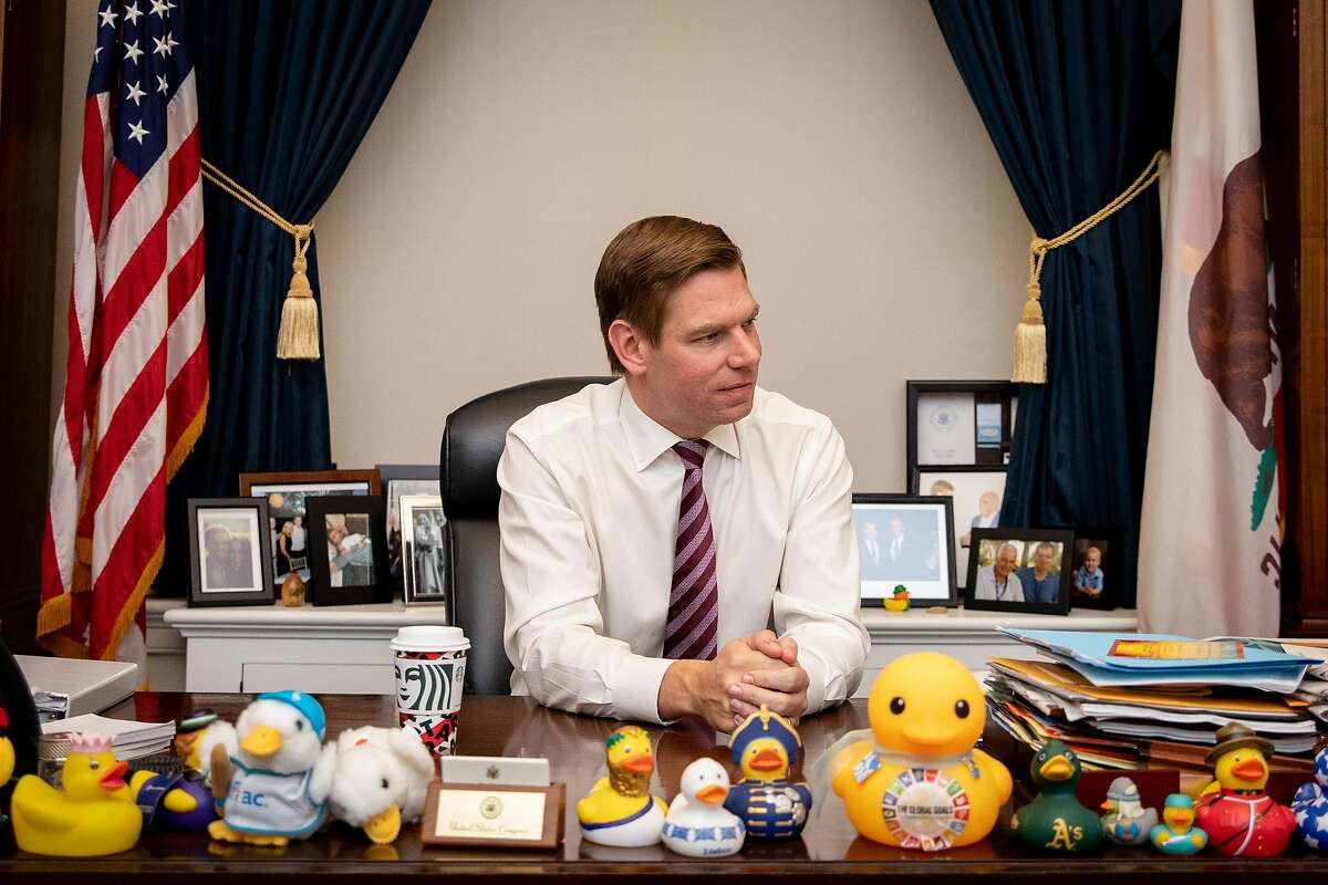 Rep. Eric Swalwell sits at his desk in the US Capitol in Washington, D.C. after the House Intelligence Committee�s public hearing regarding the relationship between President Donald Trump and Ukraine on Thursday, November 21, 2019.