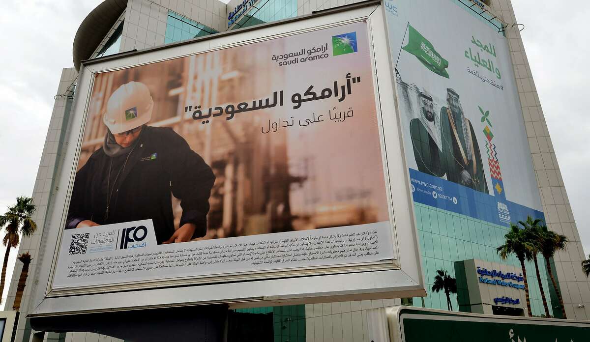 A billboard displaying an advert for Aramco is pictured in the Saudi capital Riyadh on November 18, 2019.