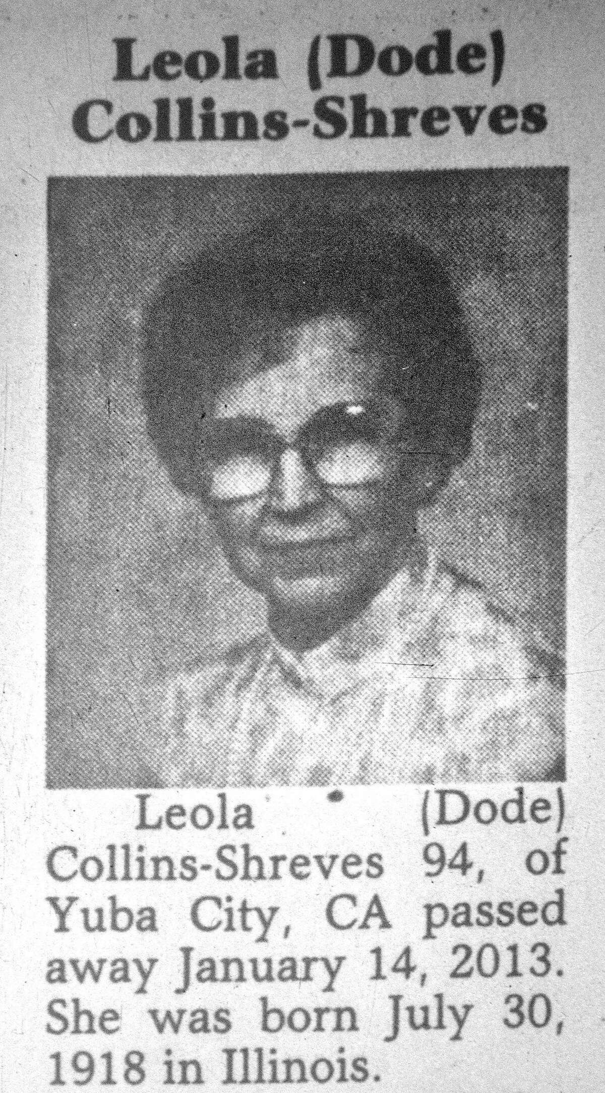 An obituary for Leola Shreves from a microfilm archive at the Sutter County Library in Marysville (Yuba County).