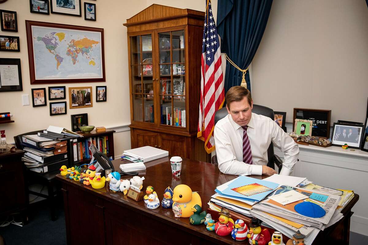 Rep. Eric Swalwell sits at his desk in the US Capitol in Washington, D.C. after the House Intelligence CommitteeÍs public hearing regarding the relationship between President Donald Trump and Ukraine on Thursday, November 21, 2019.