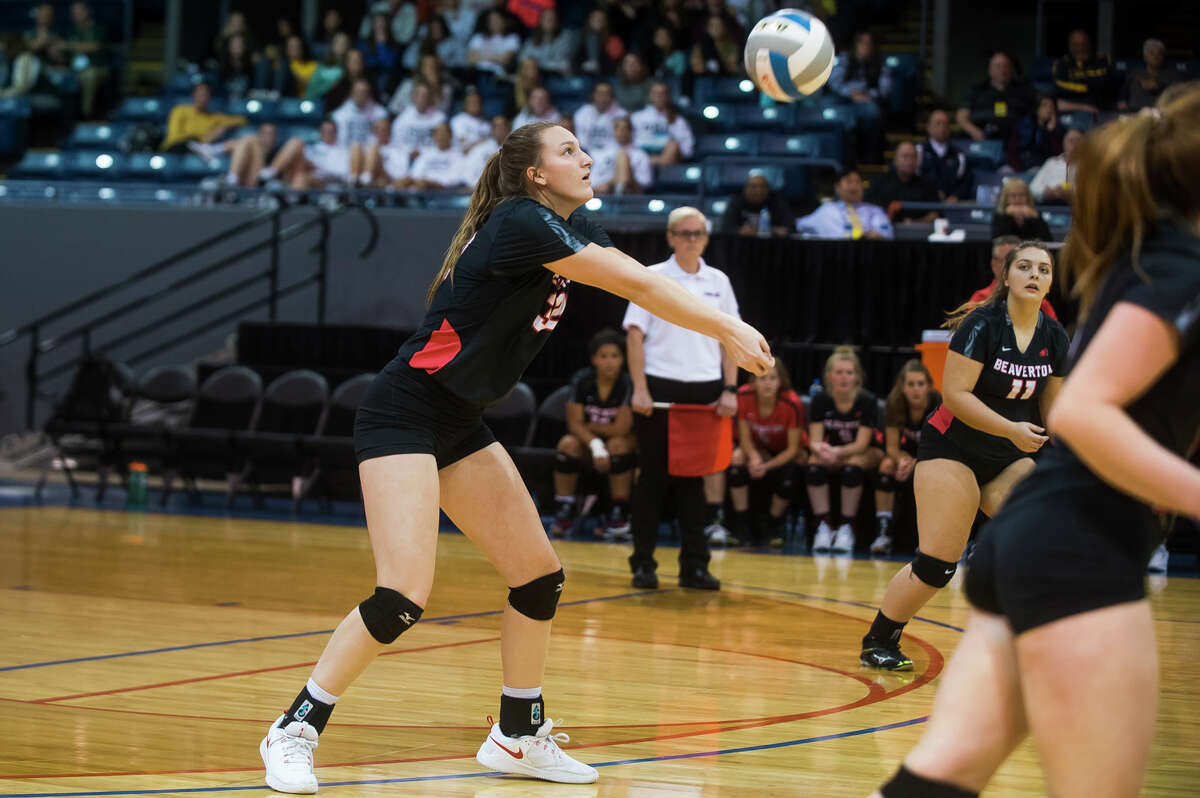 Beaverton's Molly Gerow bumps the ball during the Beavers' Div. 3 state semifinals loss to Monroe St. Mary Friday, Nov. 22, 2019 at Kellogg Arena in Bay City. (Katy Kildee/kkildee@mdn.net)