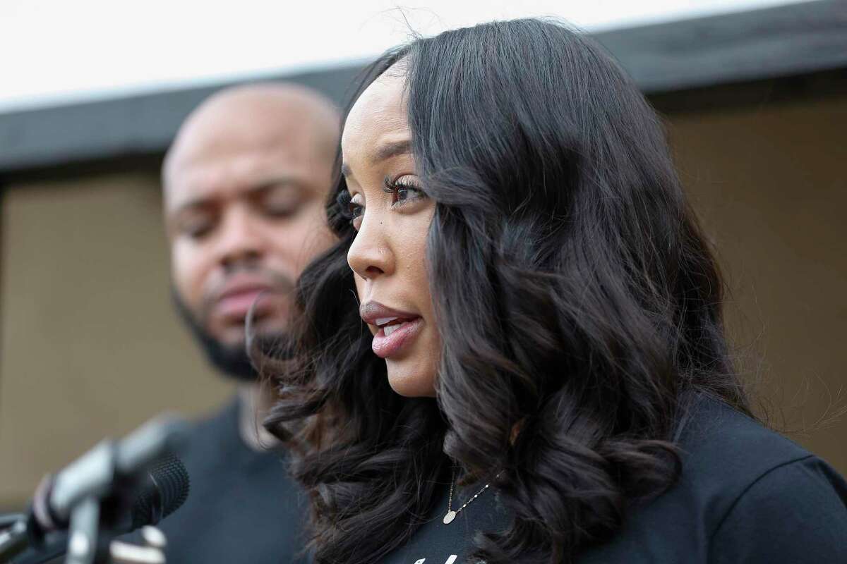 Nakia Price addresses allegations of a lawsuit filed by a small group of residential neighbors as her husband and Lyndell 'Lynn' stood by her side Friday, Nov. 22, 2019, in Houston.