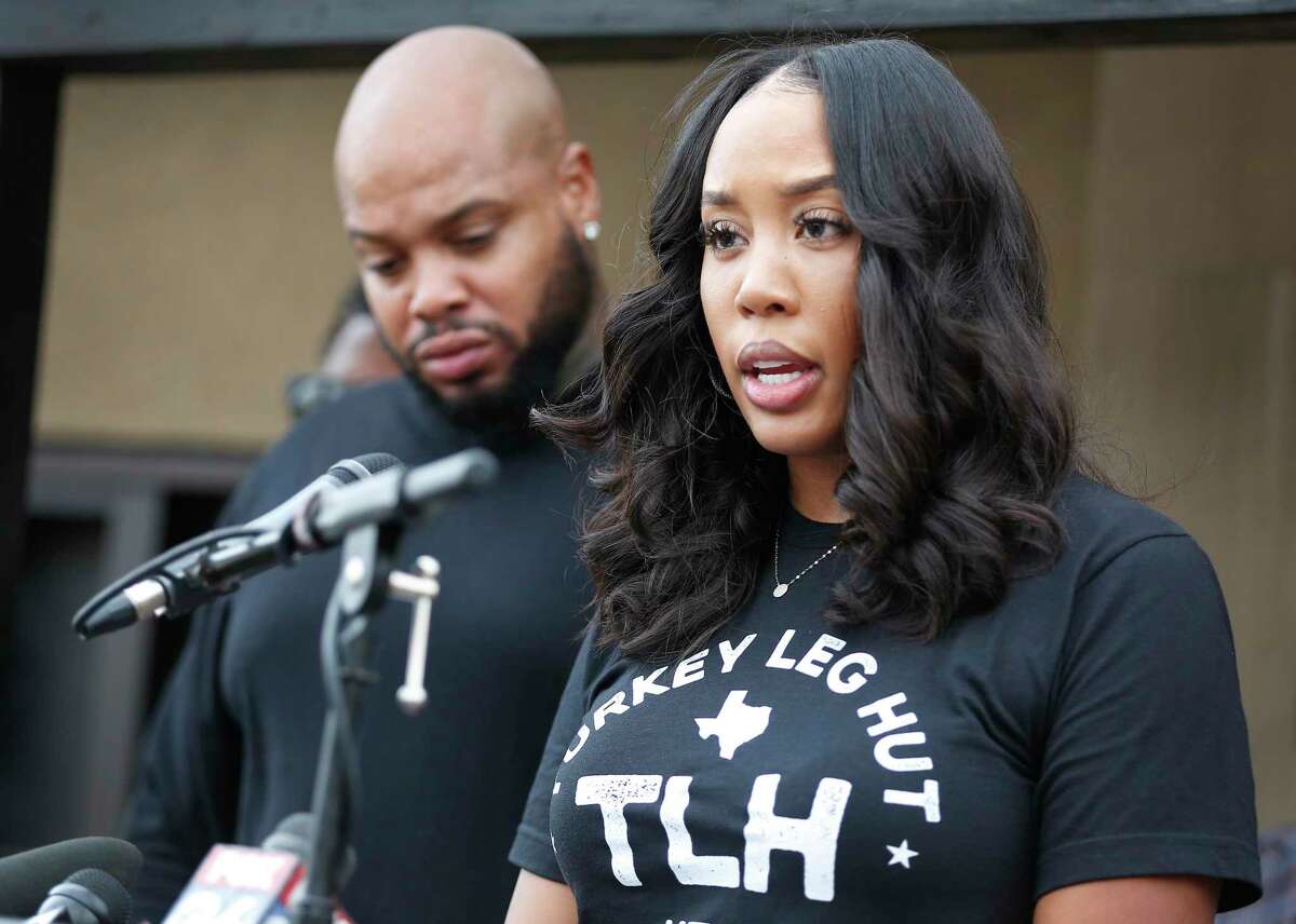 Nakia Price addresses allegations of a lawsuit filed by a small group of residential neighbors as her husband and Lyndell "Lynn" stood by her side Friday, Nov. 22, 2019, in Houston.