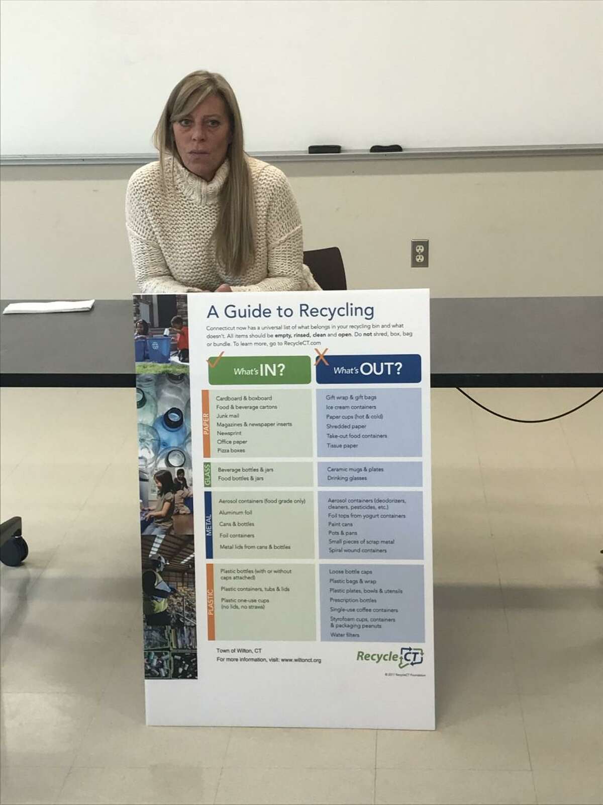 Jennifer Fascitelli of the Wilton Department of Public Works discusses recycling at the Nov. 14 Wilton League of Women Voters meeting.