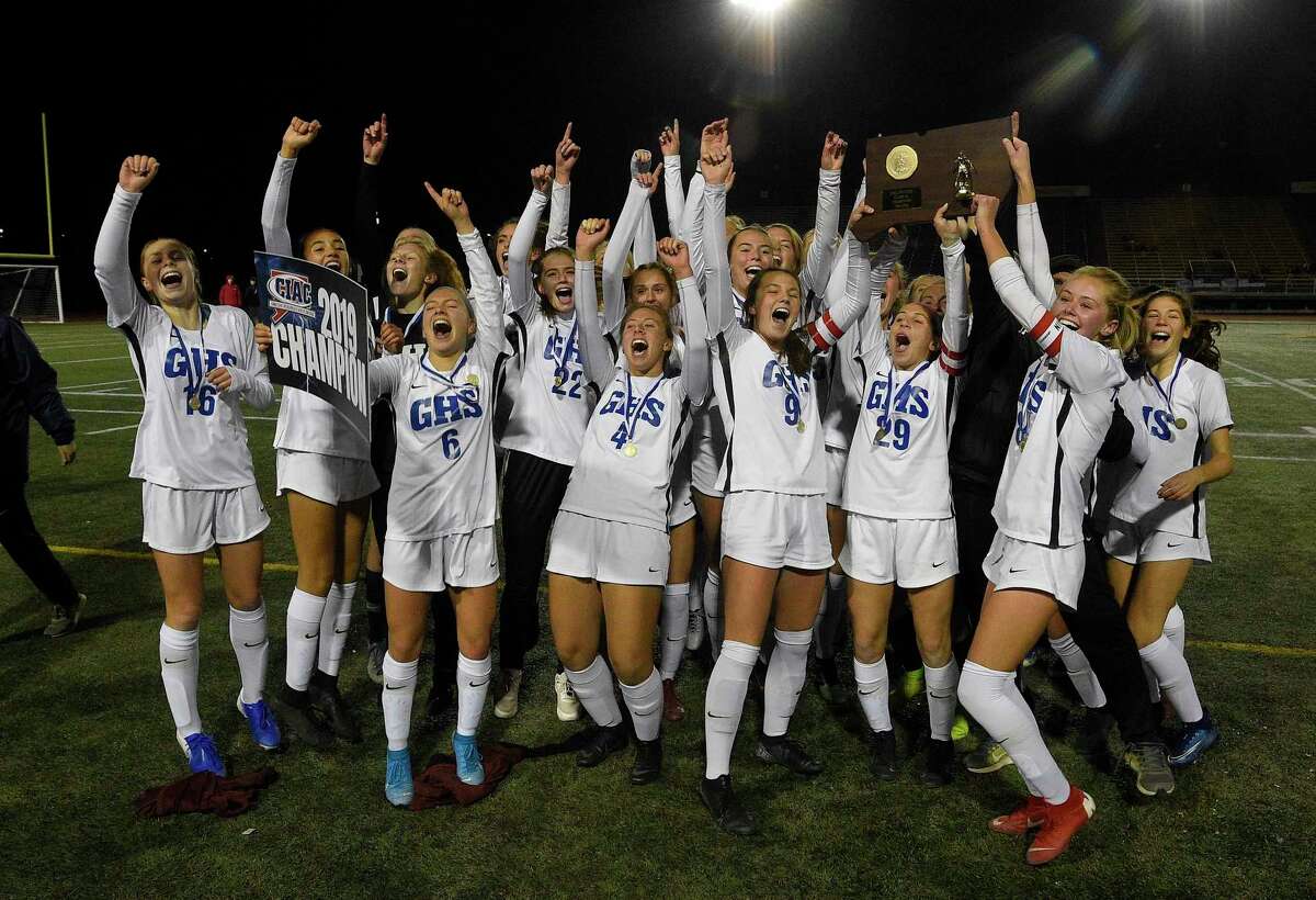 Glastonbury celebrates winning the CIAC Class LL Girls Soccer State Championship 1-0 over Southington at Veterans Memorial Stadium on Nov. 23, 2019 in New Britian, Connecticut.