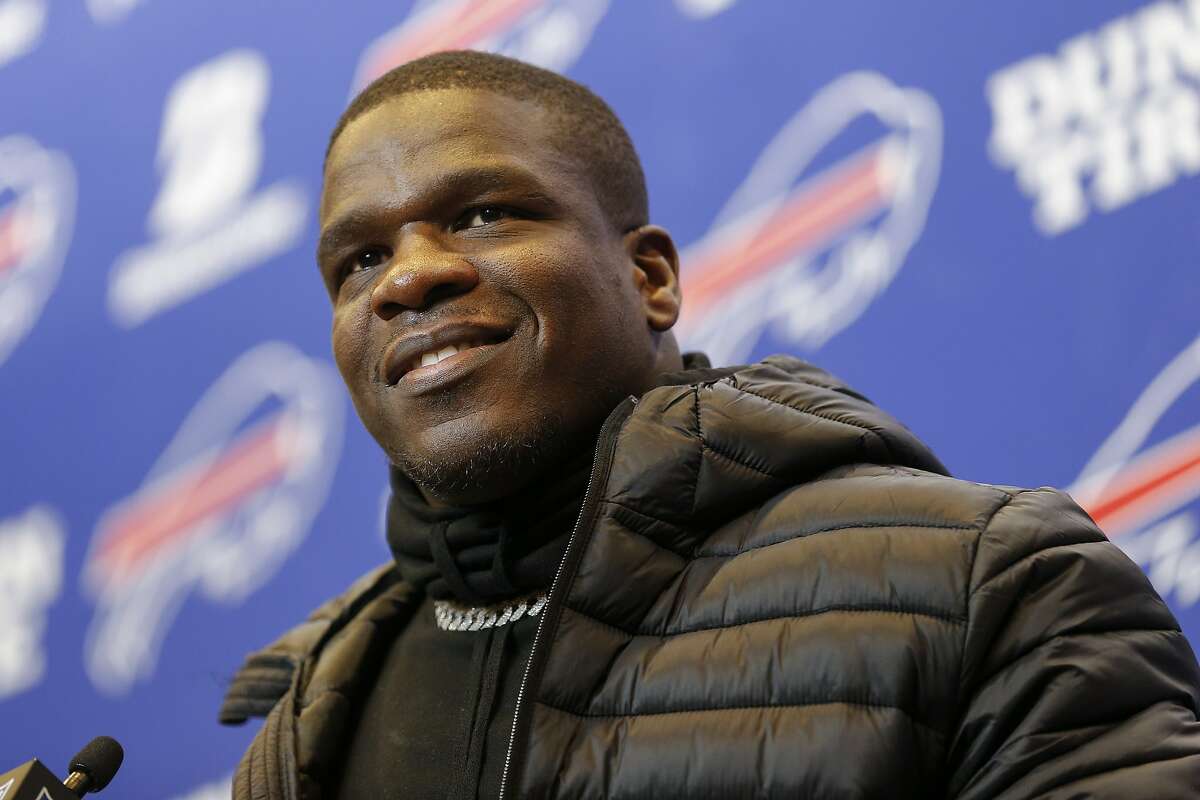 Buffalo Bills running back Frank Gore (20) answers questions during a news conference after the Bills beat the Denver Broncos 20-3 in an NFL football game, Sunday, Nov. 24, 2019, in Orchard Park, N.Y. (AP Photo/John Munson)