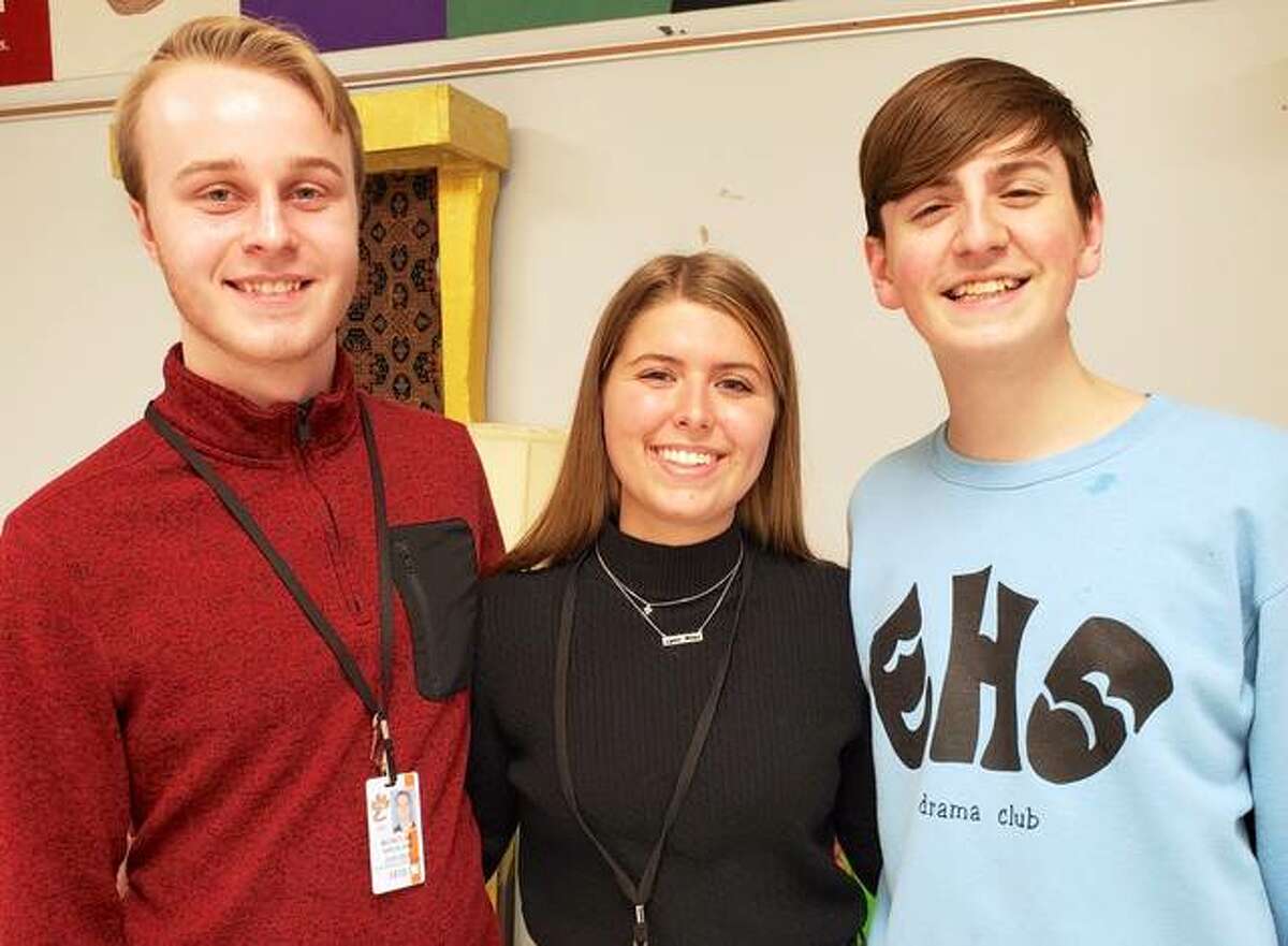 Edwardsville High School students and Christmas show actors pictured are Nick Greenland, left, and Felicity Guttmann, center, as well as producer/director Caleb Kelahan.