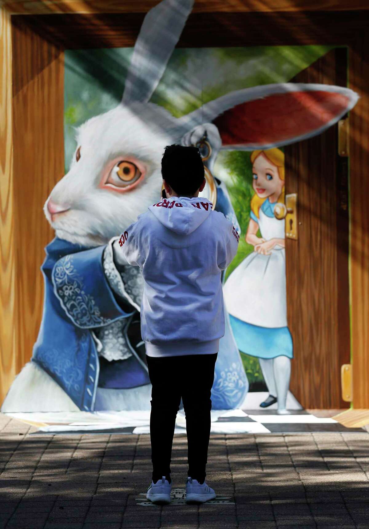 A festival attendee pauses to take a photo of Artist Anat Rosen's "Alice in Wonderland" 3D interactive artwork during the 2019 Houston Via Colori, a street painting festival benefitting The Center for Hearing and Speech Saturday, Nov. 23, 2019, in Houston.