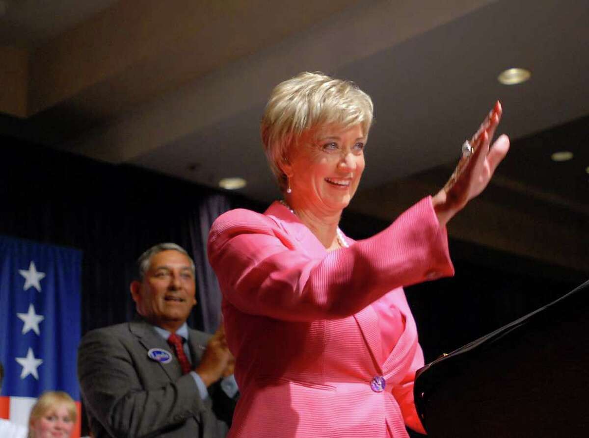 Republican candidate for the Senate Linda McMahon, waves to the crowd as she celebrates her victory in the republican primary for U.S. Senate, Tuesday evening, August 10, 2010, at the Crowne Plaza Hotel, Cromwell, Connecticut.