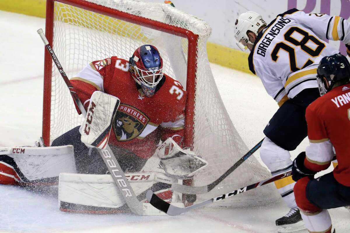 Buffalo Sabres center Zemgus Girgensons (28) scores a goal against Florida Panthers goaltender Sam Montembeault during the third period of an NHL hockey game, Sunday, Nov. 24, 2019, in Sunrise, Fla. (AP Photo/Lynne Sladky)