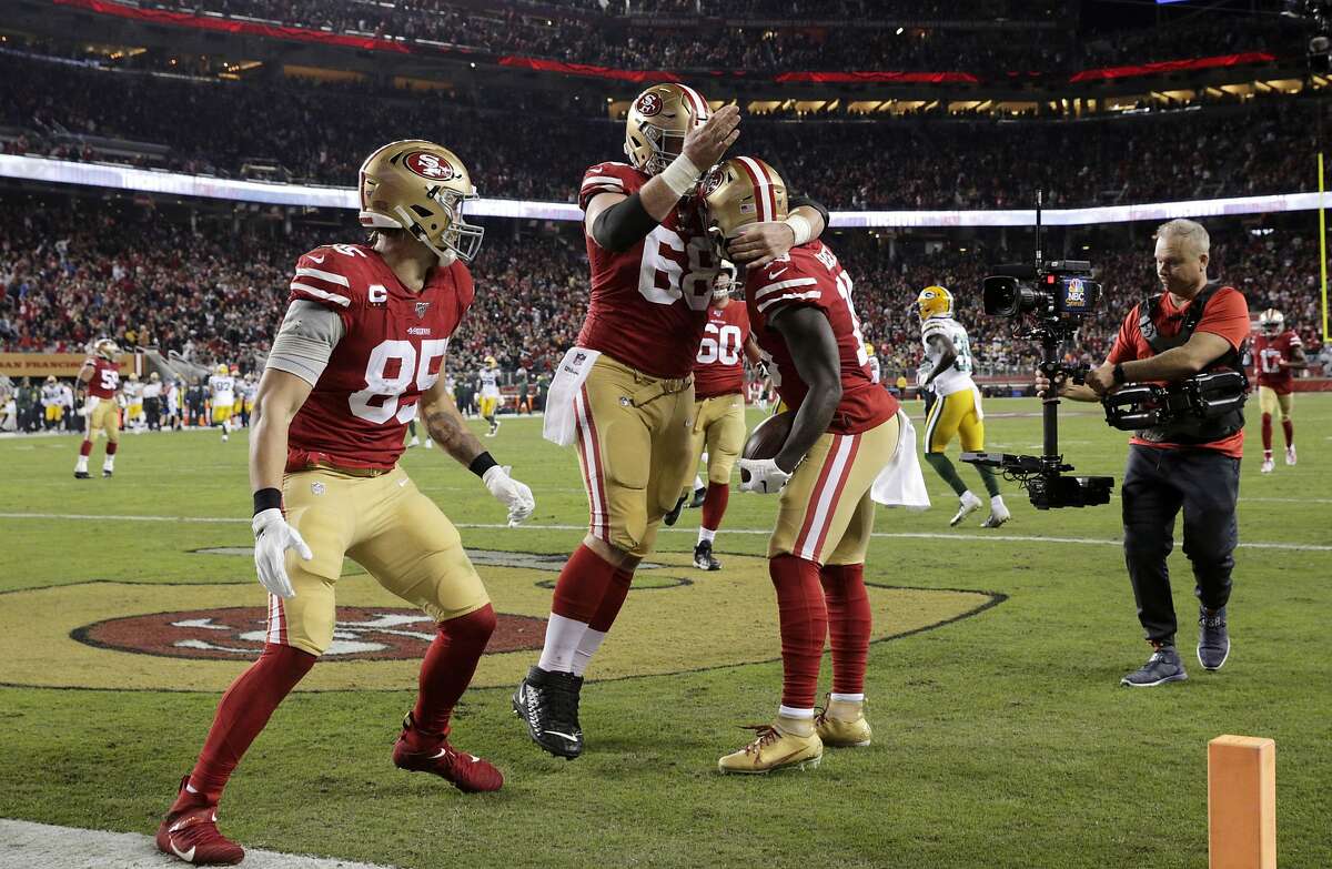 Mike Person (68), George Kittle (85) and Deebo Samuel (19) celebrate Samuel's touchdown In the first half as the San Francisco 49ers played the Green Bay Packers at Levi’s Stadium in Santa Clara, Calif., on Sunday, November 11/24/19, 2019.